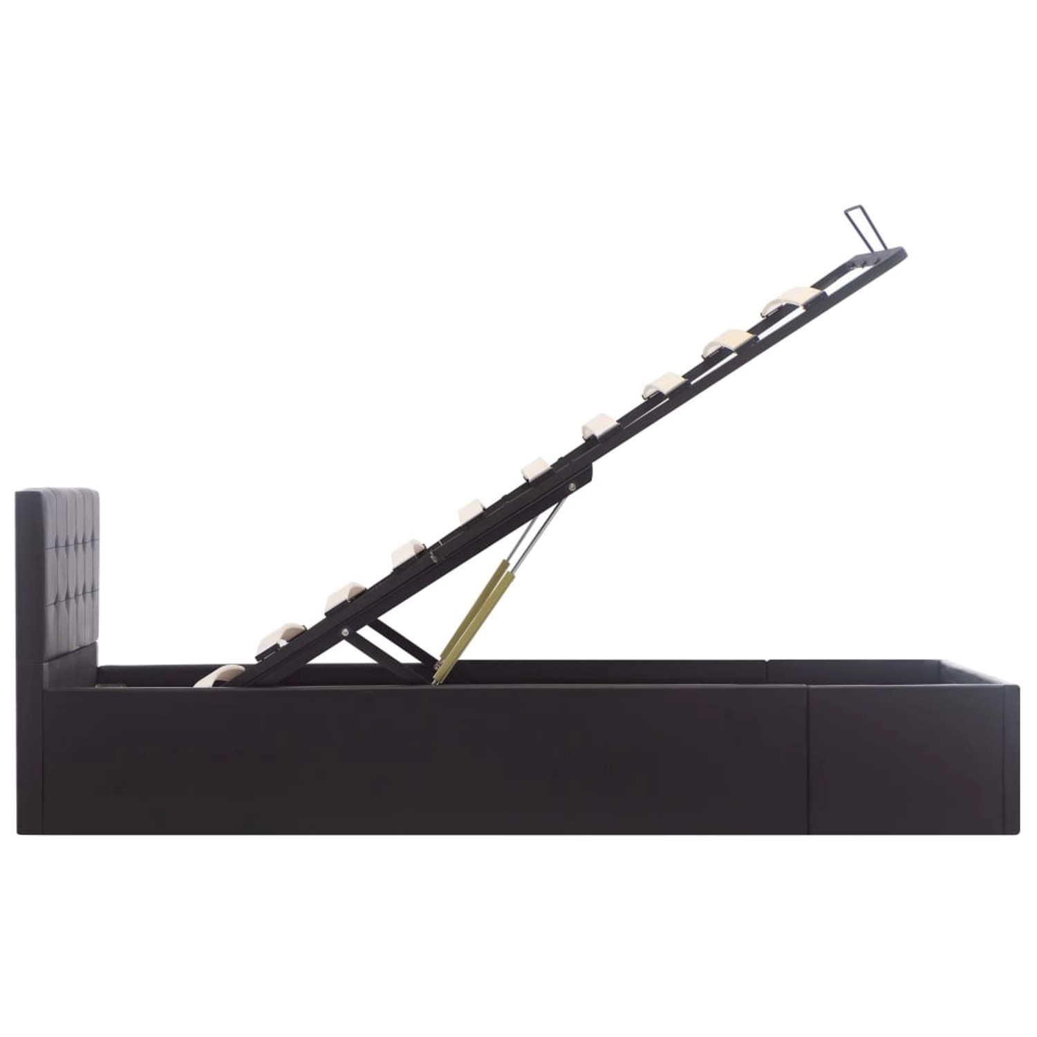 Schwarzes vidaXL Stauraumbett (100x200 cm) mit hochgeklapptem Lattenrost und Kunstlederbezug.