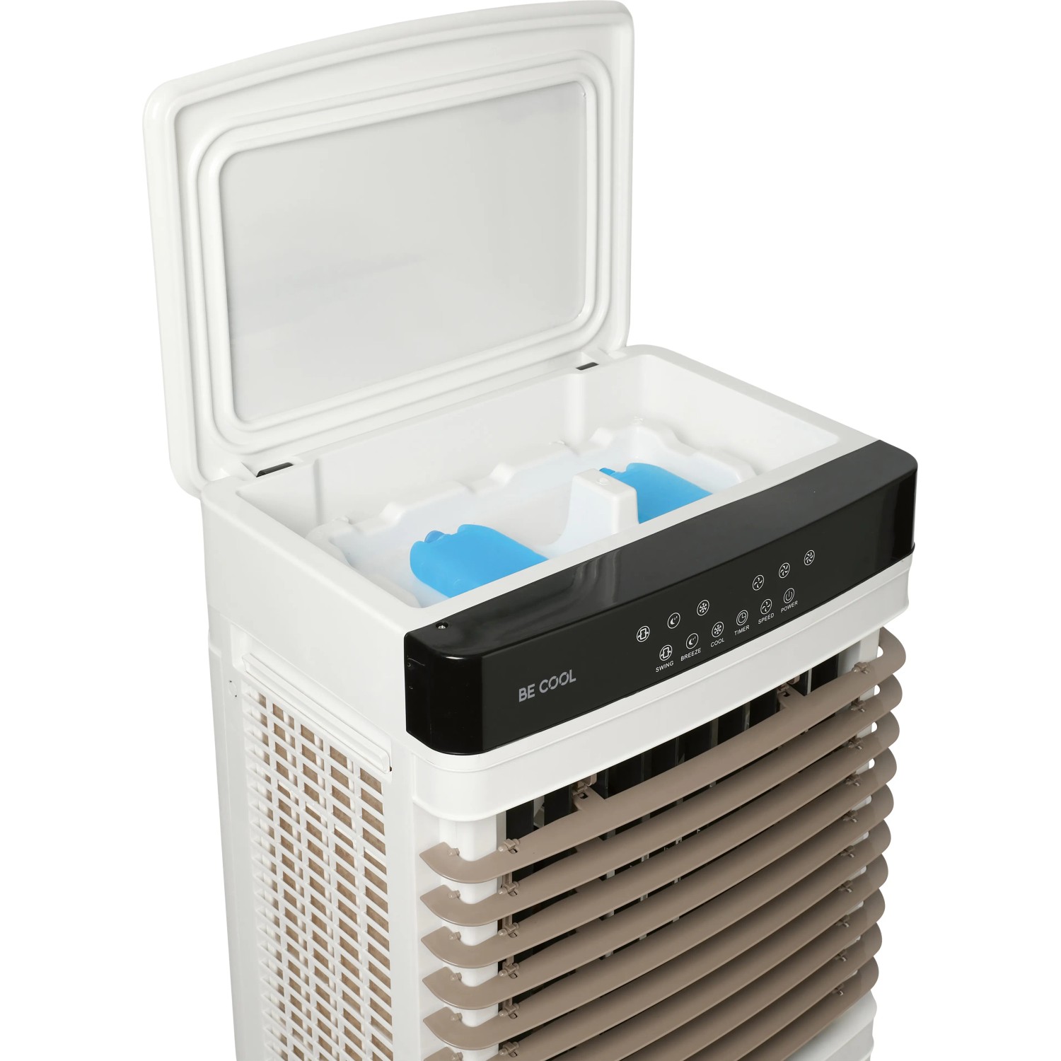 Luftkühler 60 l, weiß-braun, mit geöffnetem Wassertank und Kühlakkus. Klimagerät für Innenräume.