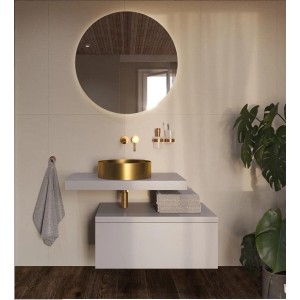 Rundes, gold gebürstetes Edelstahl Aufsatzwaschbecken in modernem Bad. Ø 38 cm Waschbecken auf Waschtisch.
