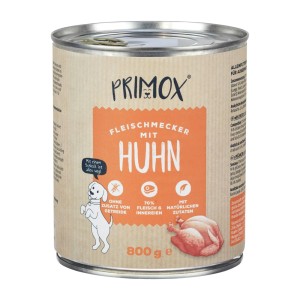 Primox Fleischmecker Huhn Nassfutter Dose 800g. Beige-orange Dose mit Hund, Huhn, "Ohne Getreide", "70% Fleisch".