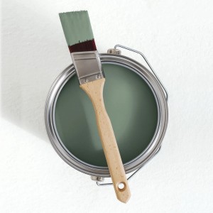 Draufsicht: Dose V&CO Innenfarbe Silbriger Eukalyptus mit Pinsel. Grüne, matte Wandfarbe.