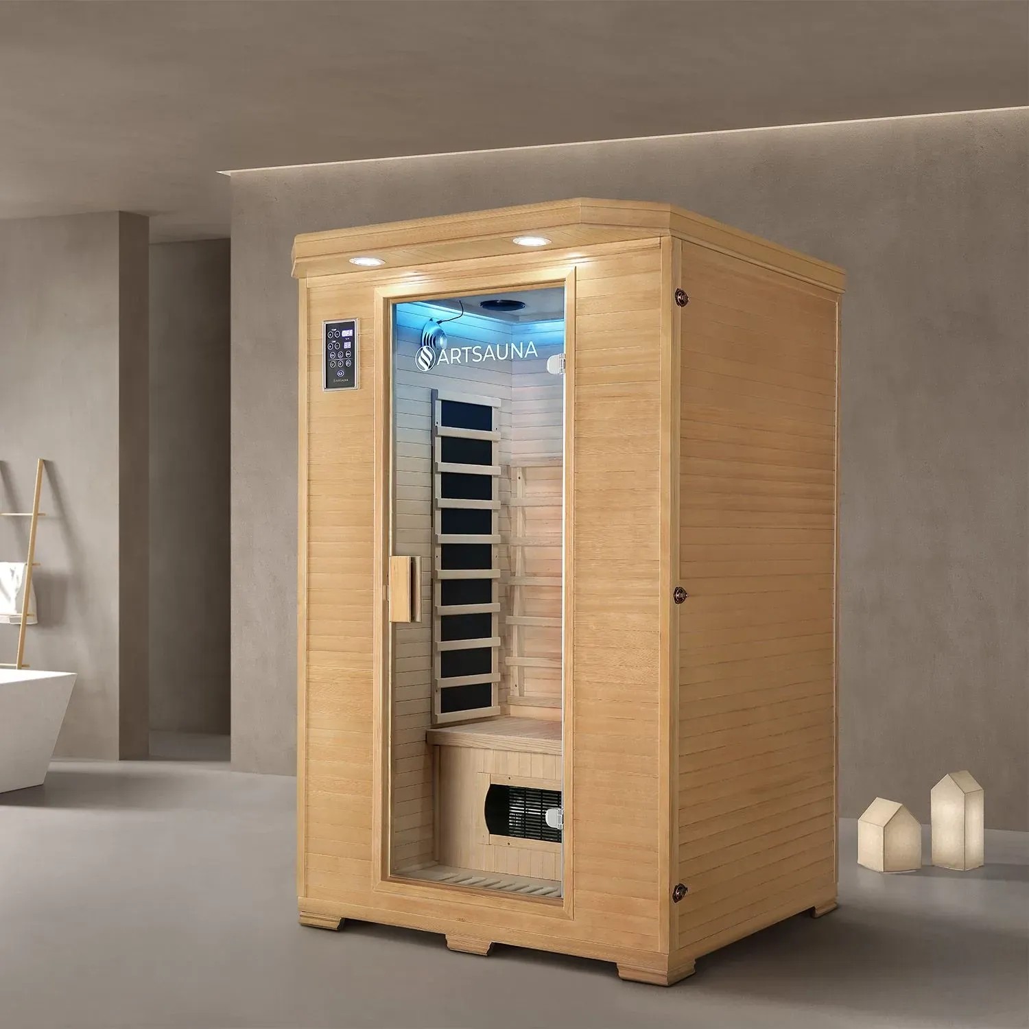 Artsauna Infrarotkabine Oslo aus Hemlockholz mit Glasfront und LED-Beleuchtung.