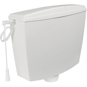 Weißer Sanitop-Wingenroth Hochhänge-Spülkasten, 9 Liter, mit Zugband für Altbau.