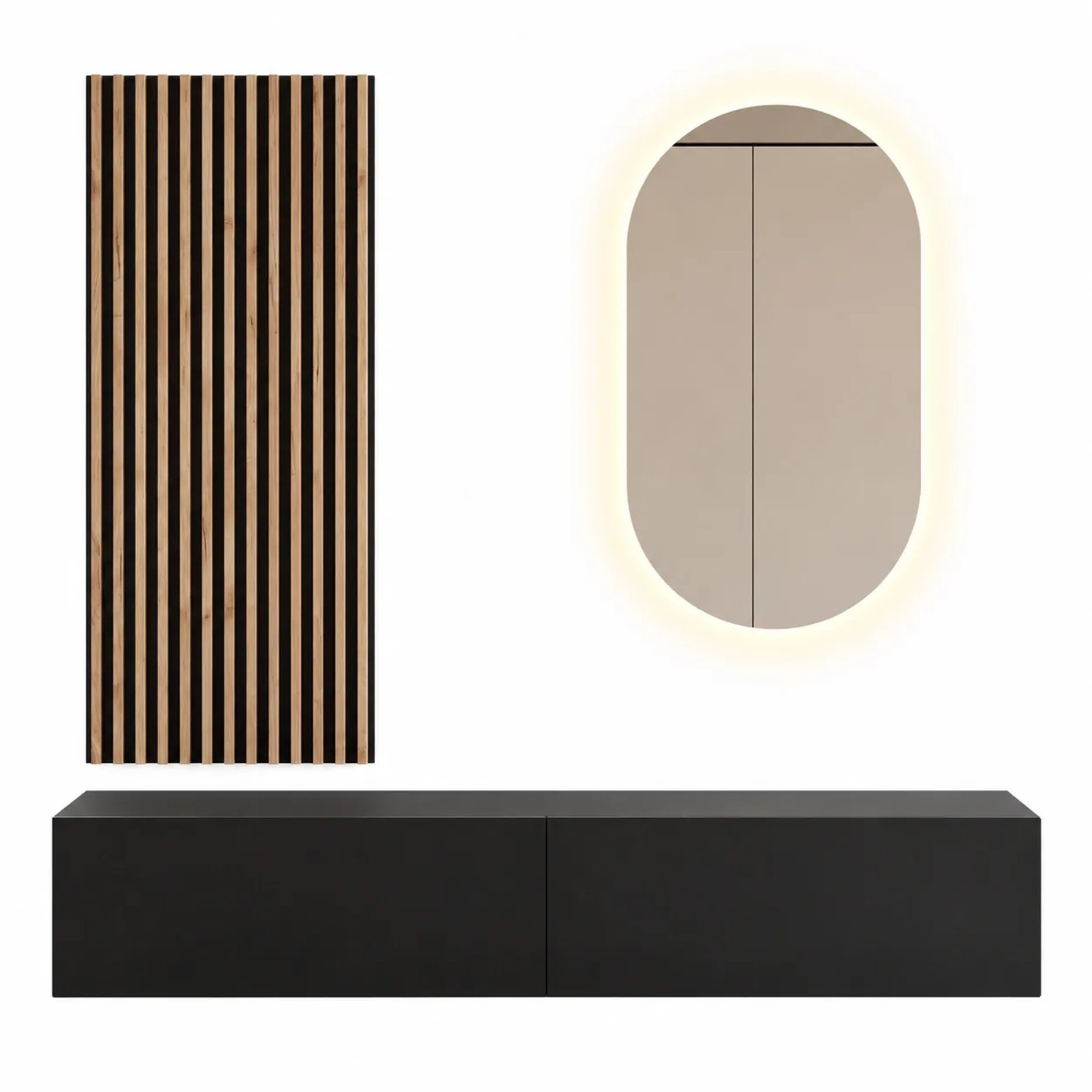 Planetmöbel Flurgarderobe Set 160 cm Schwarz mit Wandpaneel und LED Spiegel Dimmbar