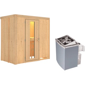 Karibu Sauna Vera mit Ofen und Holztür mit Glaseinsatz. Massivholzsauna für den Innenbereich.