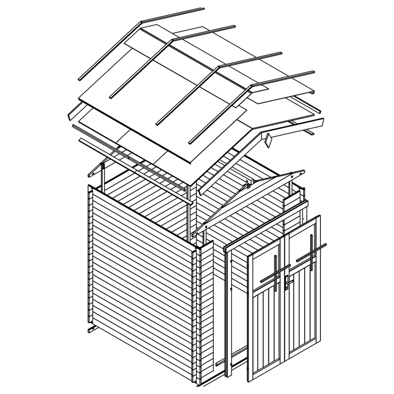 Explosionszeichnung Timbela Holz-Gartenhaus M369F (4,33 m²) mit Doppeltür und Dachkonstruktion.