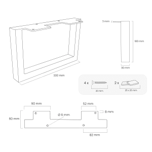 Technische Zeichnung: HEVVA Möbelbein GRAZ, 10x30 cm, schwarz, mit Maßen, Schrauben und Anti-Rutsch-Pads.