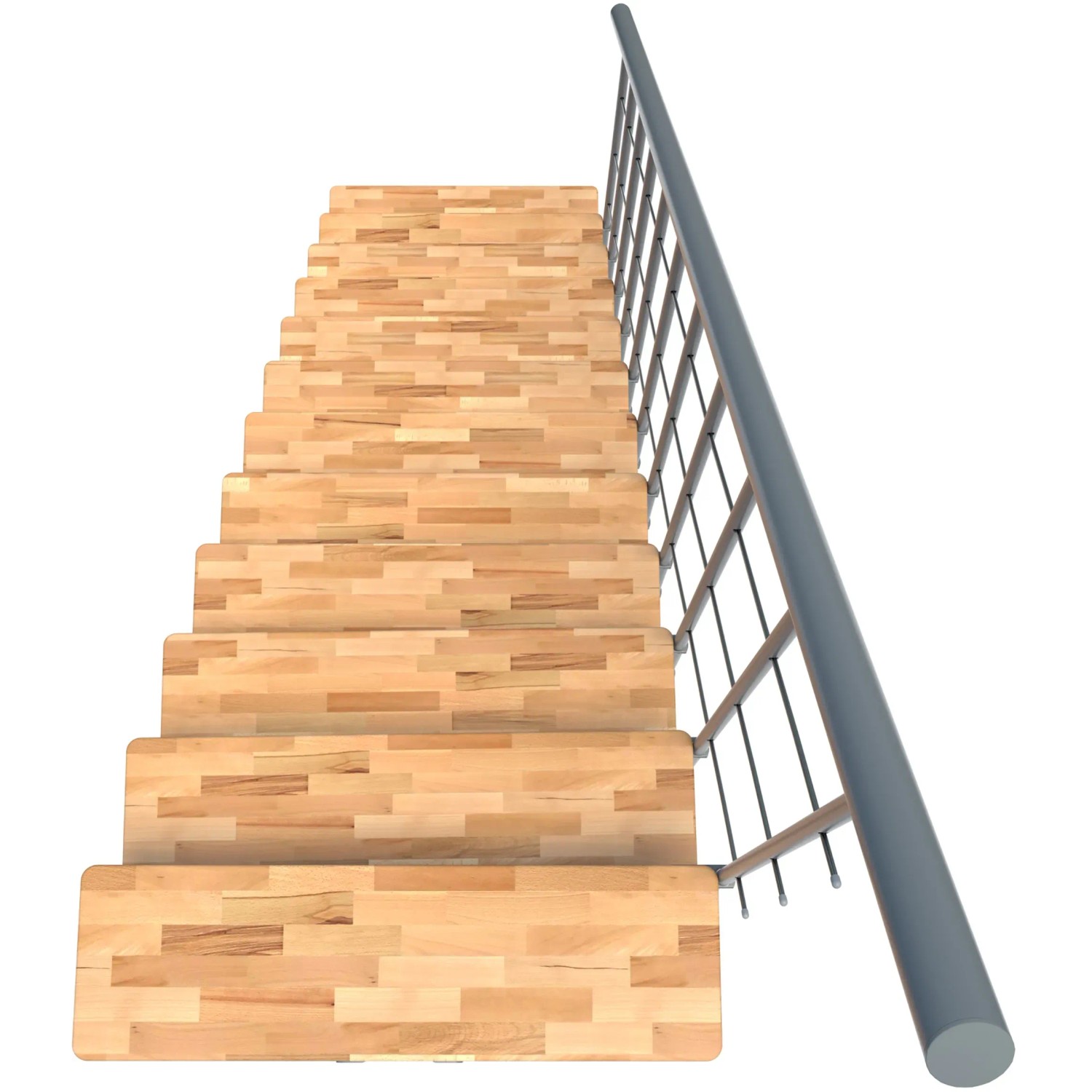 Minka Mittelholmtreppe Comfort Top Buche Grau, Ansicht von oben. Innentreppe mit Holzstufen und grauem Geländer.