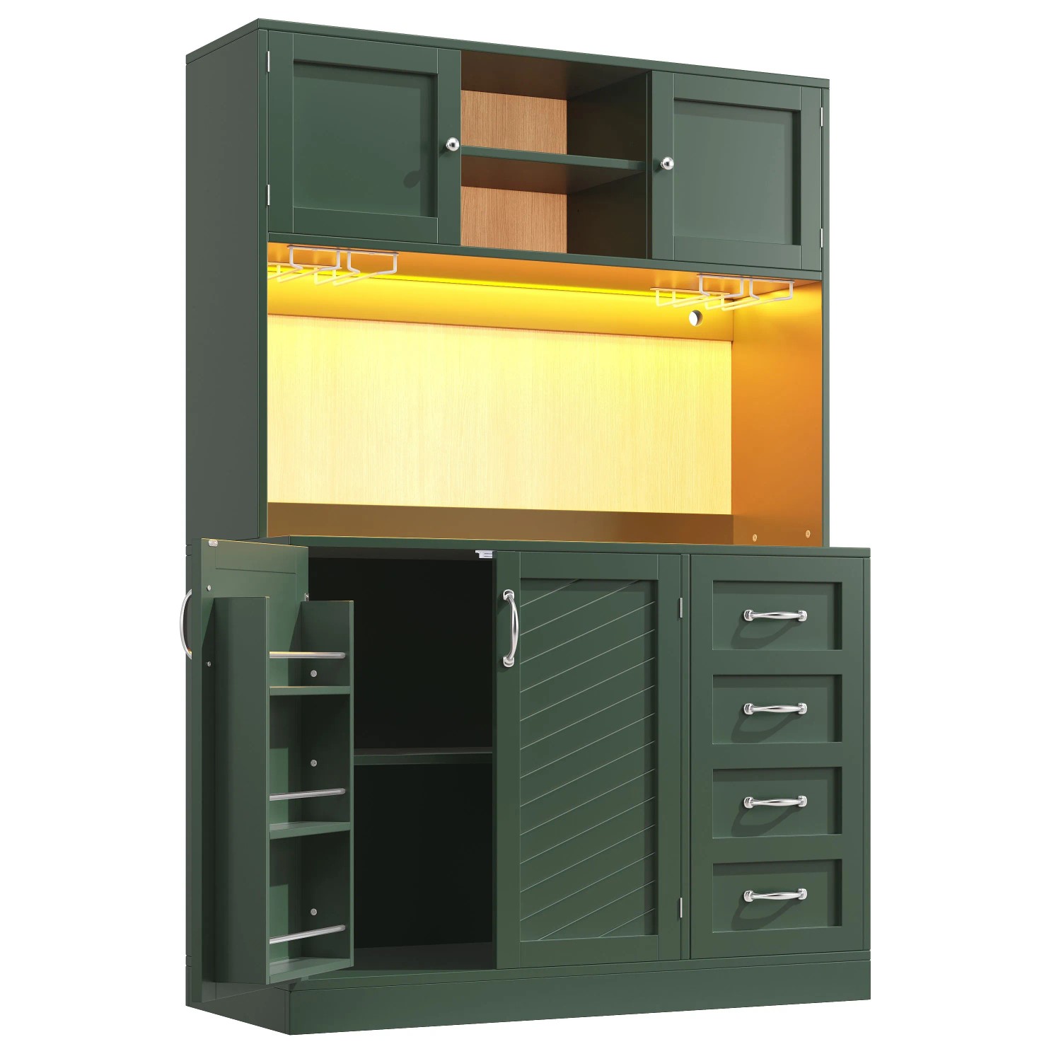okwish Buffetschrank mit LED Beleuchtung Snackregal Getränkehalter Küche 120x40x188cm Grün