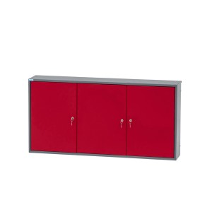 Küpper Hängeschrank, 3-türig, dunkelrot, mit 18 Sichtboxen, 60x120x20 cm. Werkzeugschrank zur Wandmontage.