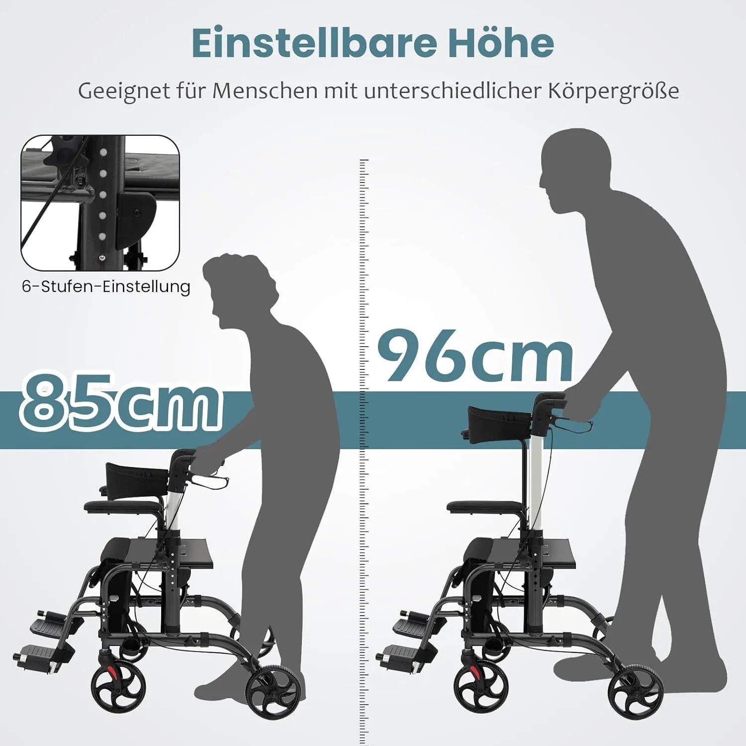 Costway Rollator, faltbar und höhenverstellbar, geeignet für unterschiedliche Körpergrößen.