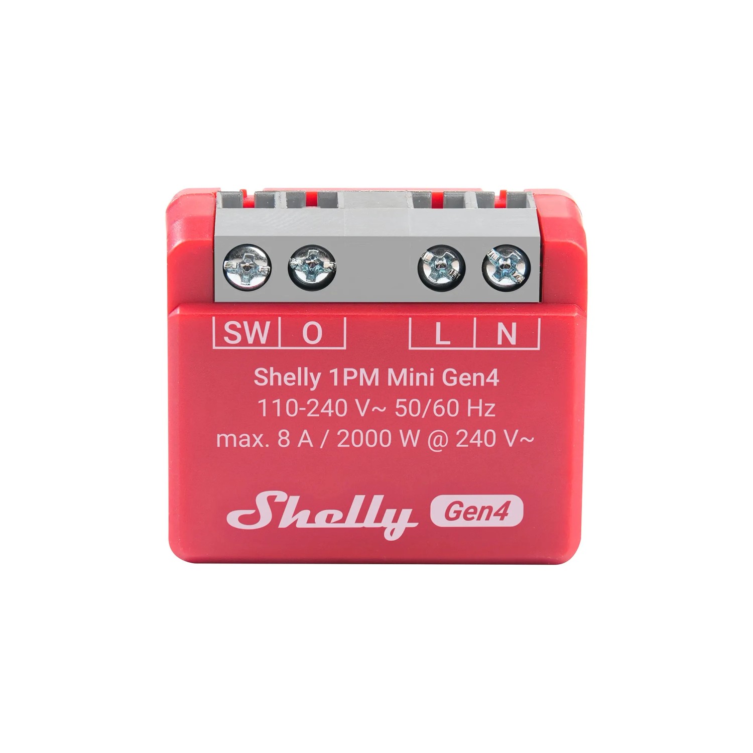 Rotes Shelly Smart-Relais 1PM Mini Gen4 für die Hausautomation, Detailansicht.