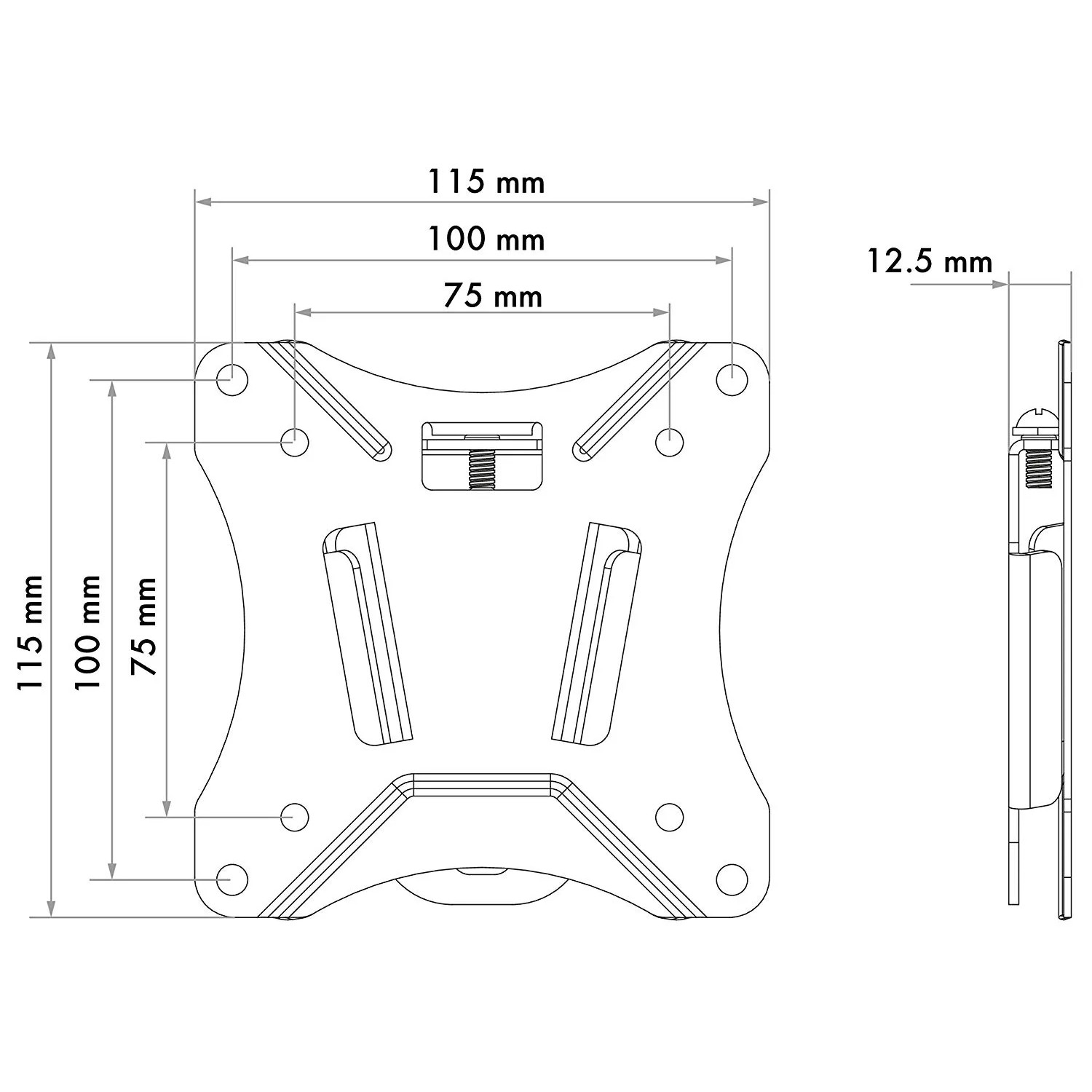 Technische Zeichnung der Schwaiger TV-Wandhalterung Fixed 1, Maße und Details für 25 kg TV.