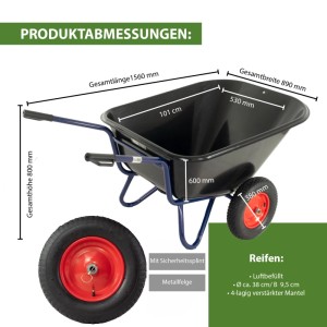 TRUTZHOLM 2-Rad Schubkarre XXL, 290L, 300kg, mit Luftrad und Metallfelgen, Abmessungen.