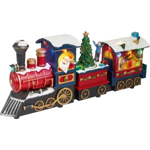 Beleuchteter Weihnachtszug als Weihnachtsdorf Figur. Mehrfarbige Szene mit Santa, Baum, Rentieren und Schnee. 38 cm, aus Kunststoff.