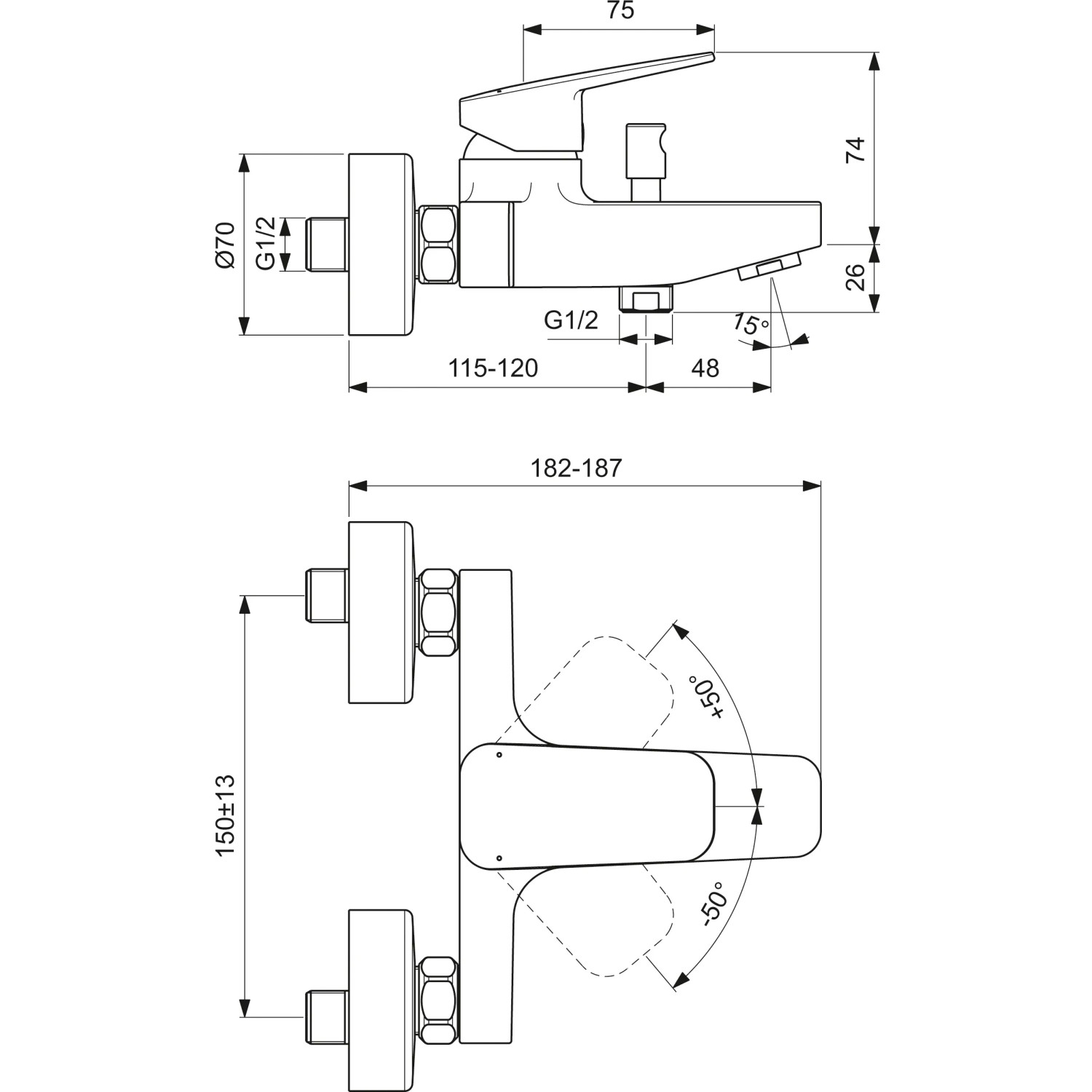 Technische Zeichnung: Ideal Standard Ceraplan Badearmatur, Aufputz, Chrom, Maße und Anschlüsse.
