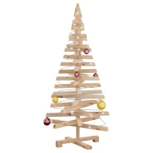 vidaXL Weihnachtsbaum Natur 120cm aus Kiefernholz mit Christbaumkugeln und Lichterkette.