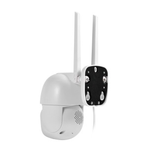 Weiße Technaxx Mini PT Outdoor-Kamera TX-390 mit zwei Antennen für flexible Videoüberwachung im Außenbereich.