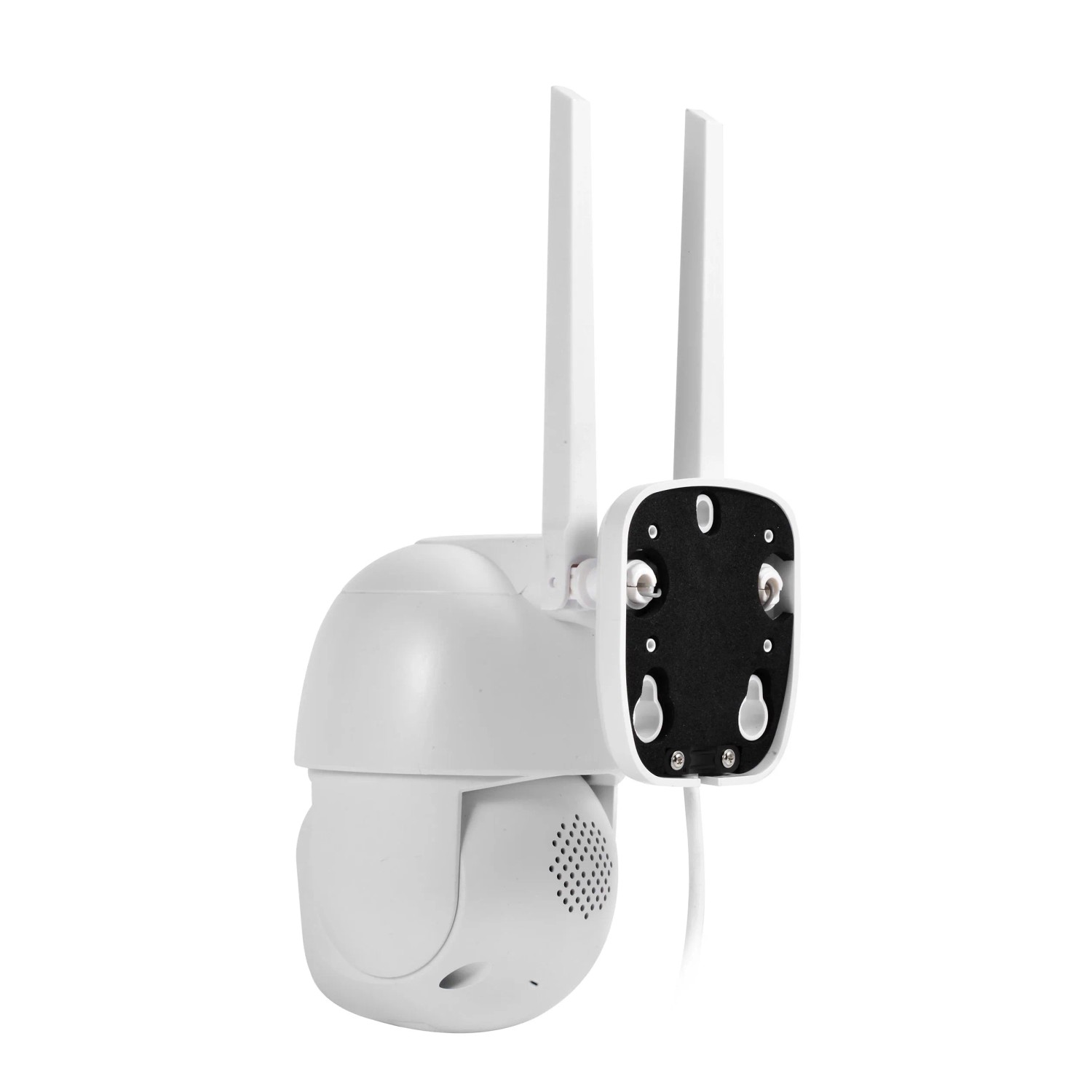 Weiße Technaxx Mini PT Outdoor-Kamera TX-390 mit zwei Antennen für flexible Videoüberwachung im Außenbereich.