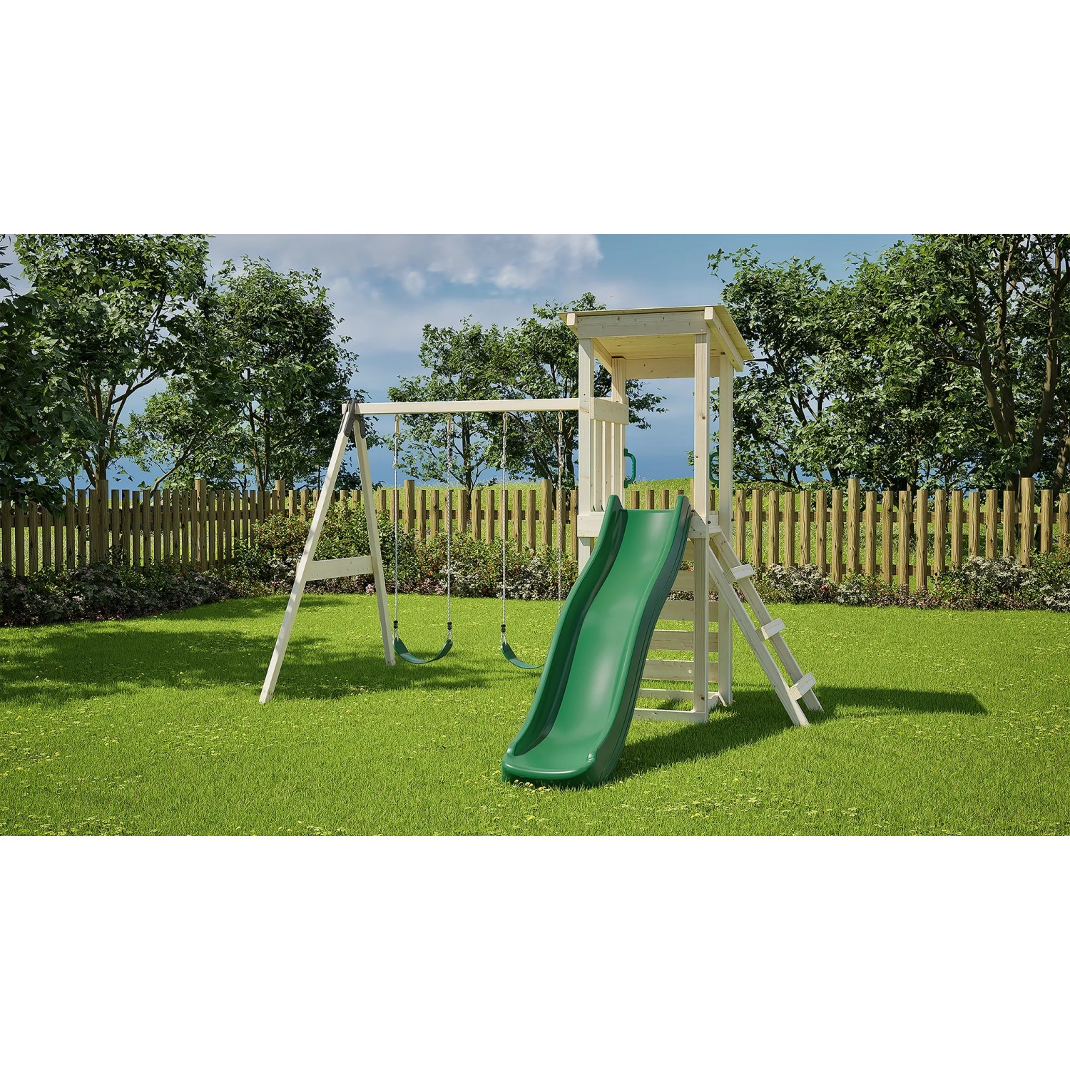 Rebo Spielturm Neapel Natur mit Rutsche, Schaukel und Kletterwand im Garten.