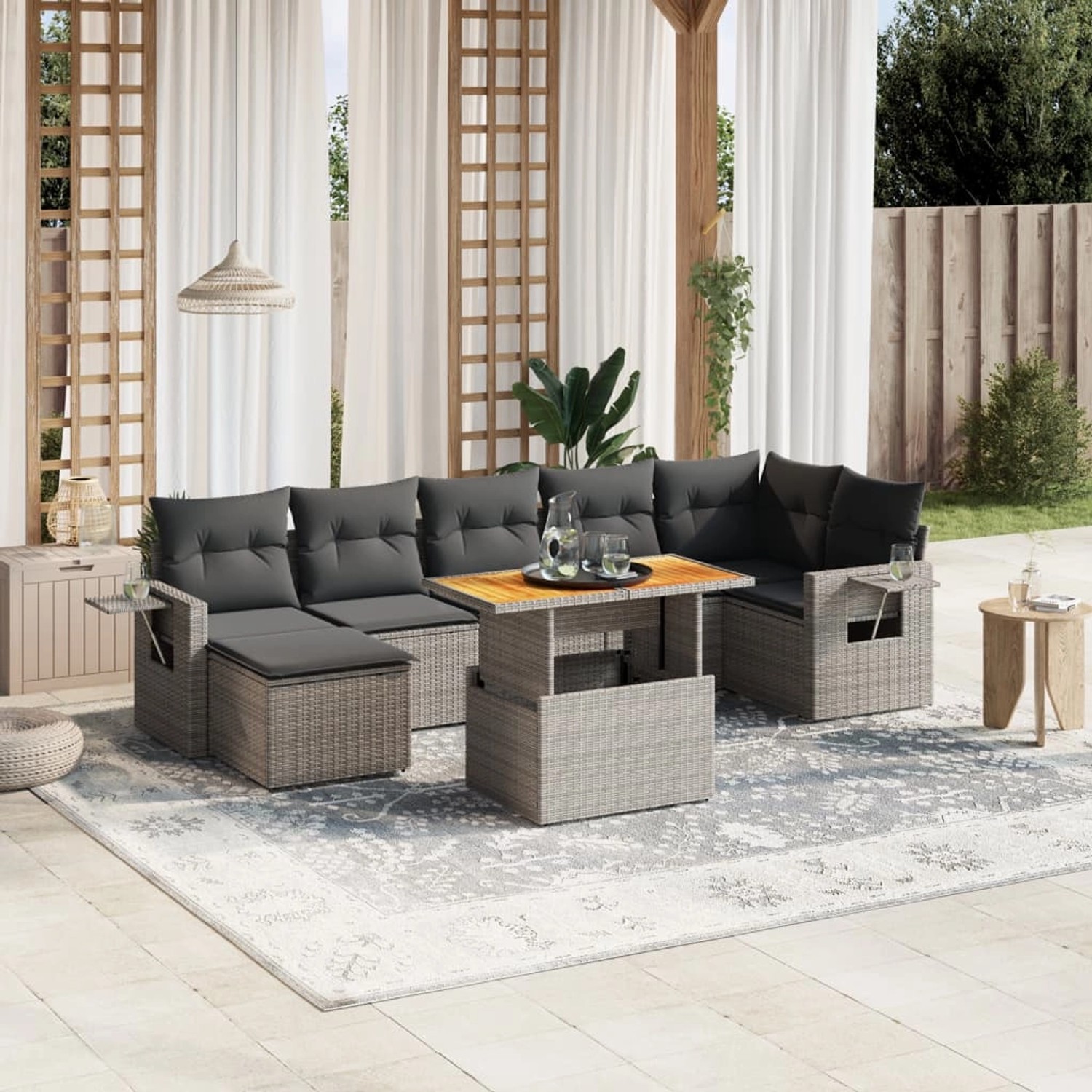 Graue 8-tlg. vidaXL Garten-Sofagarnitur aus Poly Rattan mit Kissen und höhenverstellbarem Tisch.