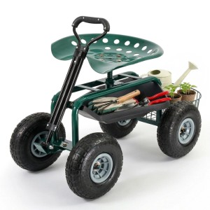 Grüner Sekey Garten Rollsitz mit 360° drehbarem Sitz, Luftreifen, Ablage für Werkzeug und Korb. Max. 180kg.