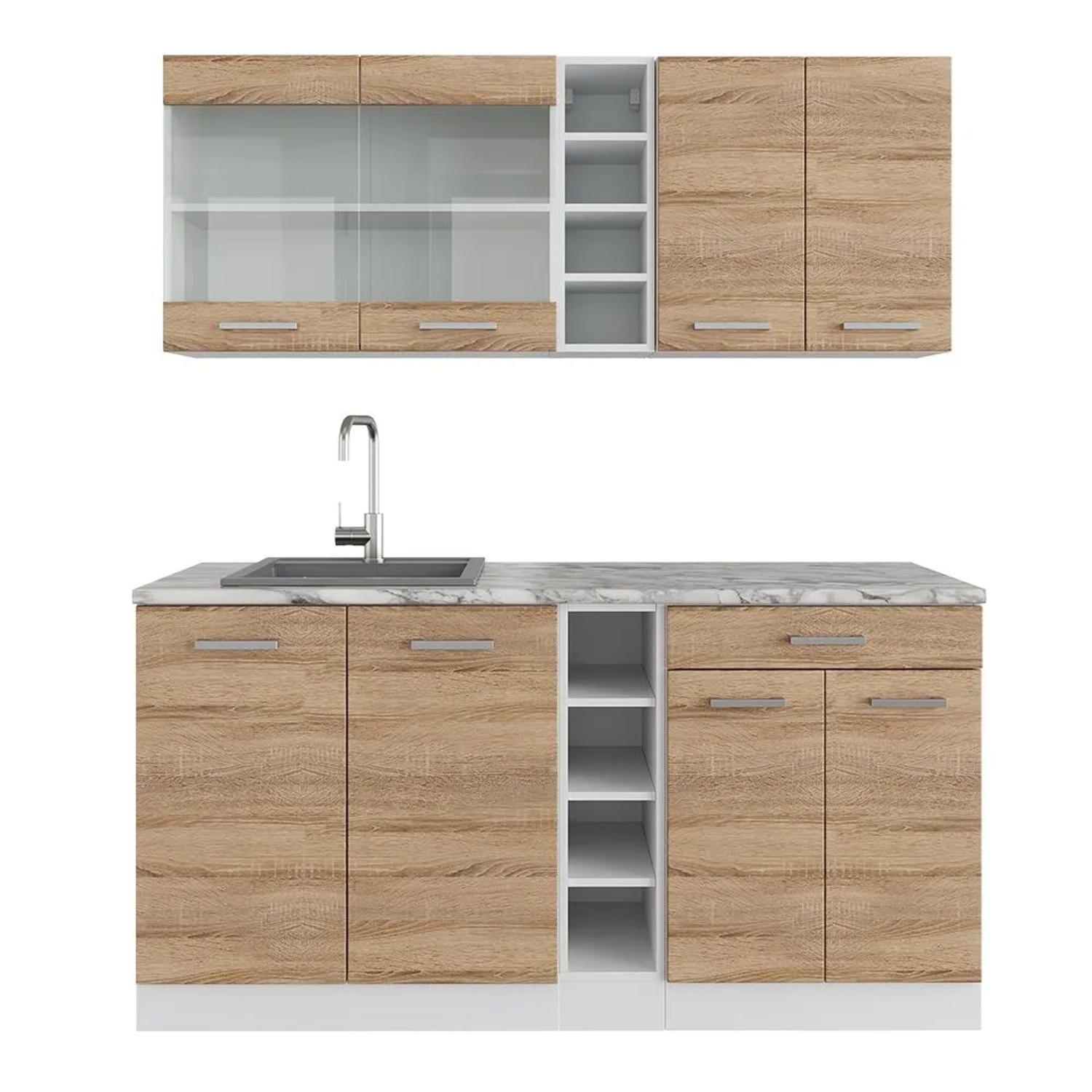 Vicco R-Line Singleküche Sonoma Weiß 160 cm AP Marmor ohne E-Geräte