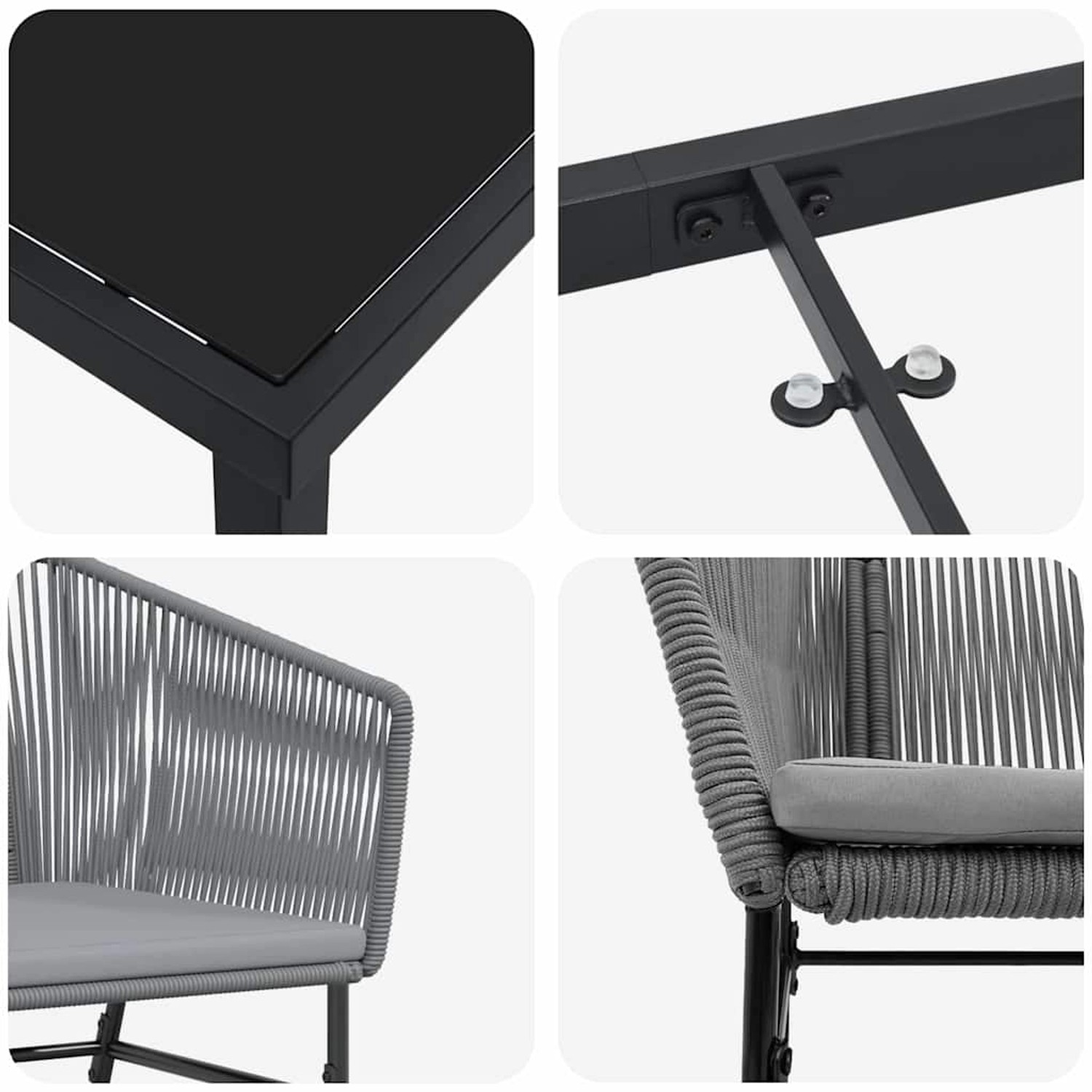 Detailansichten des grauen vidaXL Garten-Esssets: Tischplatte, Stuhlgeflecht und Rahmen.