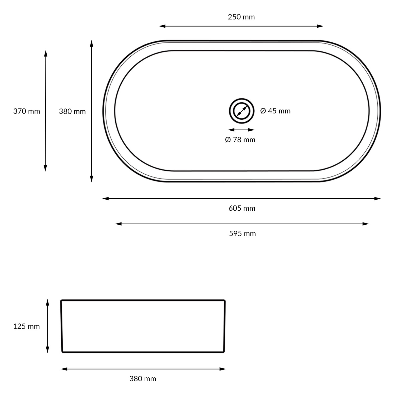 Skizze: ECD Germany Waschbecken, 605x380x125 mm, Keramik, oval, weiß, Aufsatzwaschbecken mit Maßen.