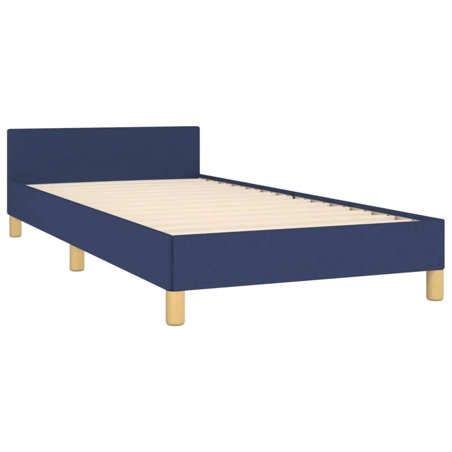 Blaues Stoff-Bettgestell (90x190 cm) mit Kopfteil. Modernes Design für Schlafzimmer.
