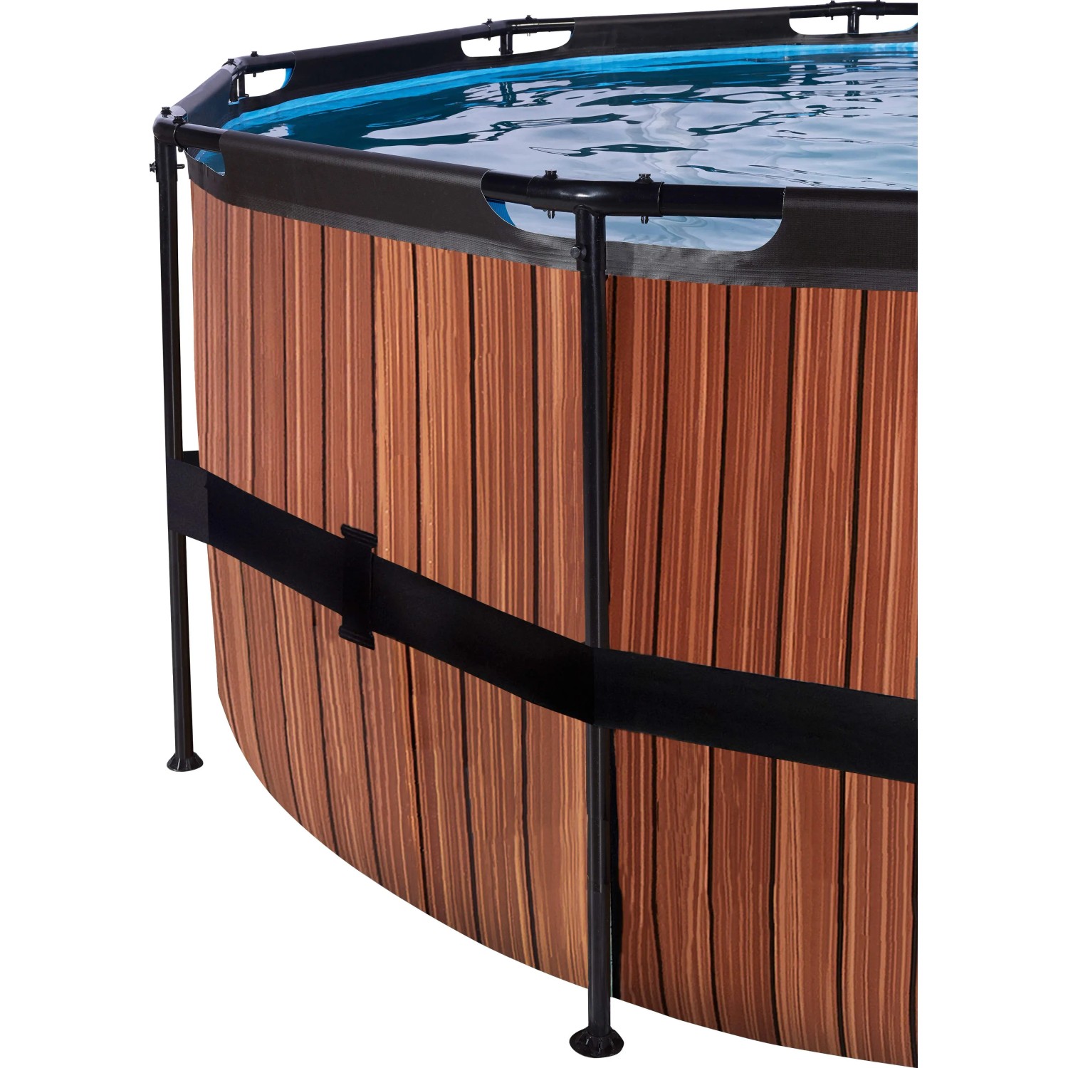 Detailansicht des runden EXIT Wood Pools (ø 488 cm) mit Holzoptik und Stahlrahmen.