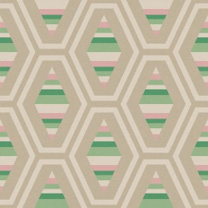 Mehrfarbige Joules Vliestapete Hallaton Kilim Garden Greens mit geometrischem Muster.