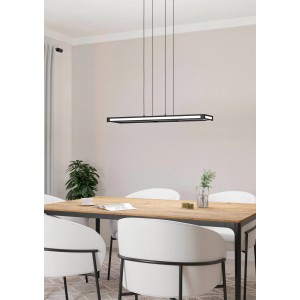 Moderne Eglo LED-Hängeleuchte Salvilanas-Z, 110 cm, schwarz-weiß, über Esstisch.