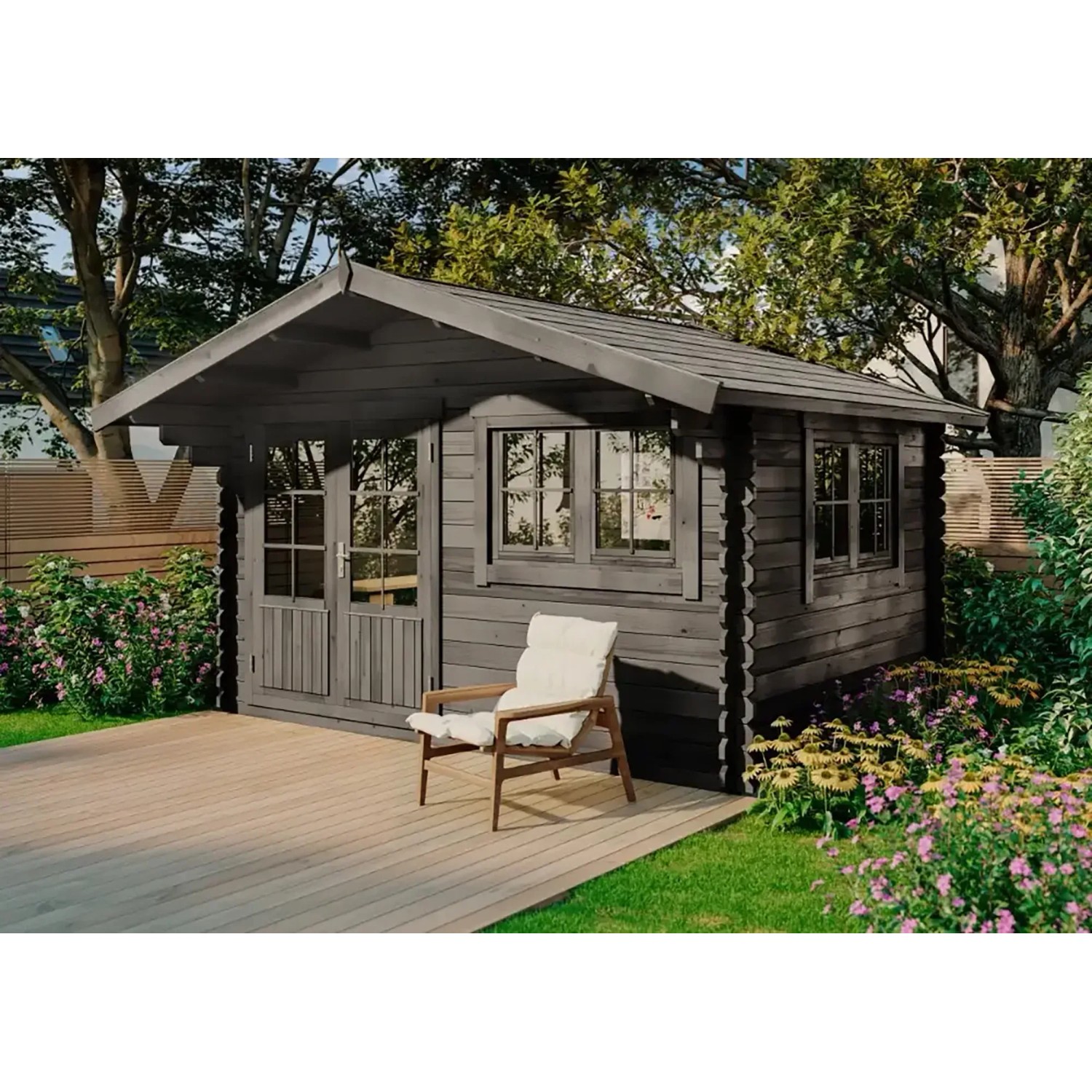 Graues Holz-Gartenhaus Gabriel-34 (428x367 cm) mit Doppeltür und Fenster im Garten.
