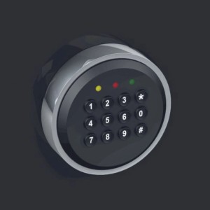 Detailaufnahme: Elektronisches Zahlenschloss des schwarzen mySafe 430 Möbeltresors.