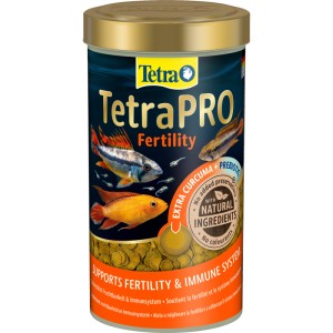 TetraPro Fertility Flockenfutter, 500ml Dose mit Zierfisch-Motiv. Hauptfutter zur Förderung der Fruchtbarkeit.