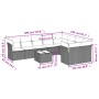 Schwarze 10-tlg. vidaXL Garten-Sofagarnitur aus Polyrattan mit Kissen und Tisch, Maße eingezeichnet.