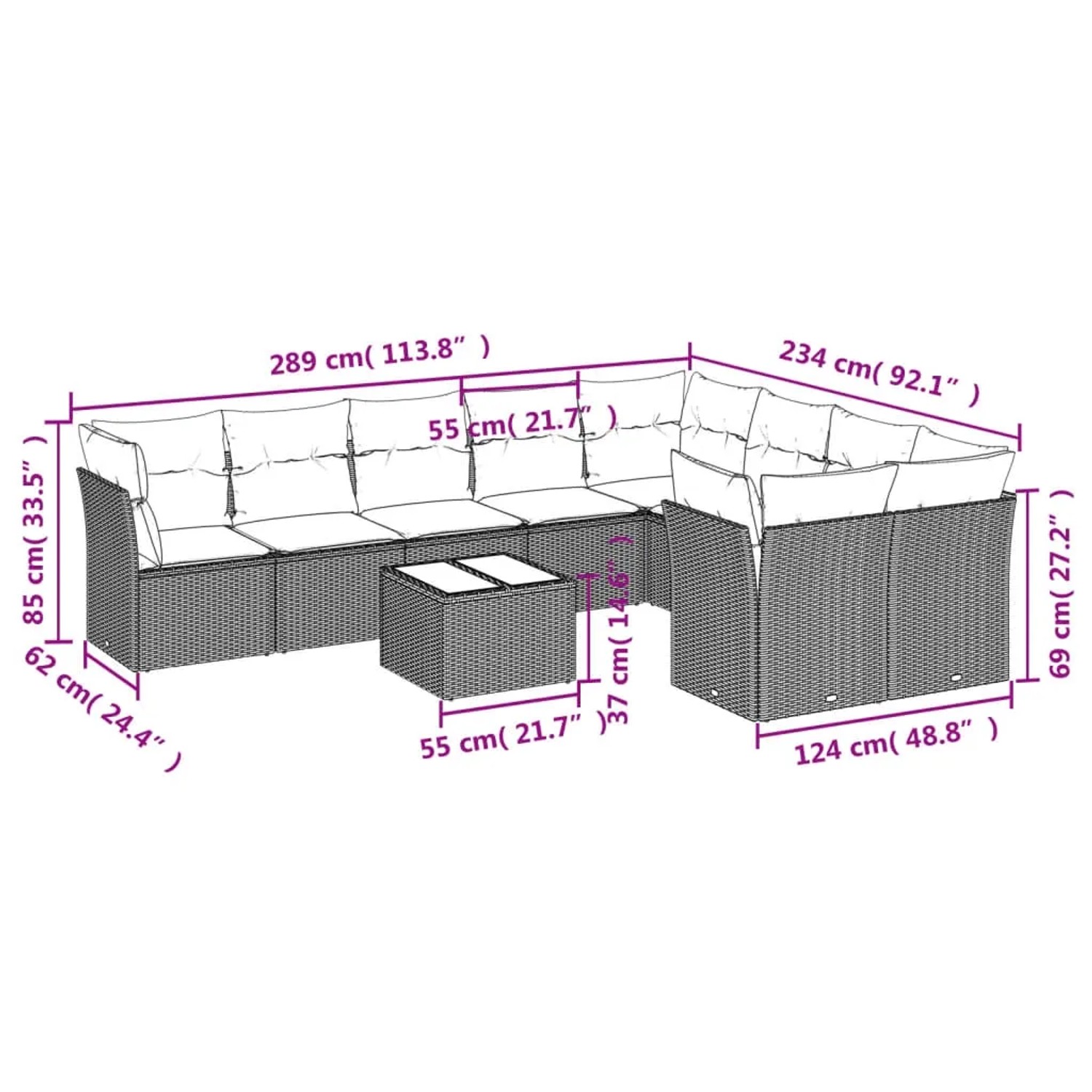 Schwarze 10-tlg. vidaXL Garten-Sofagarnitur aus Polyrattan mit Kissen und Tisch, Maße eingezeichnet.