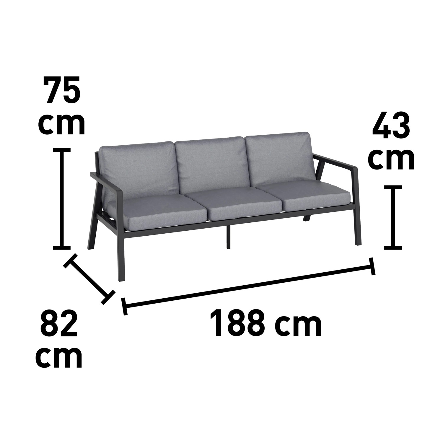 Maße der Tamworth 3-Sitzer Bank aus dem Lounge-Set: 188x82x75 cm, Sitzhöhe 43 cm.