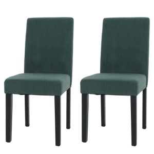 Zwei grüne Esszimmerstühle im 2er-Set mit Cordbezug und dunklen Holzbeinen. Hohe Rückenlehne, modern.