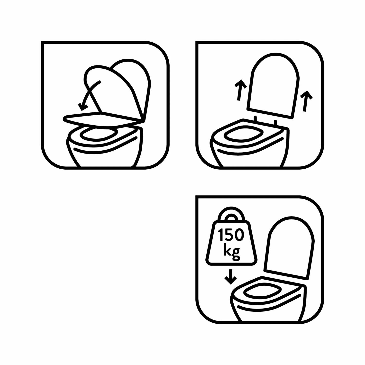 Icons: WC-Sitz mit Absenkautomatik, Quick-Release, Belastbarkeit bis 150 kg.
