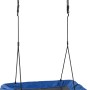 Rechteckige, blaue SwingKing Nestschaukel aus Leinwand mit schwarzen Seilen.