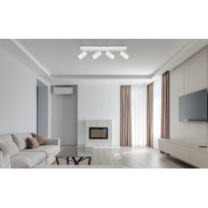 Weißer Globo Strahler Robby, 4-flammig, im modernen Wohnzimmer. Deckenleuchte mit vier Spots.