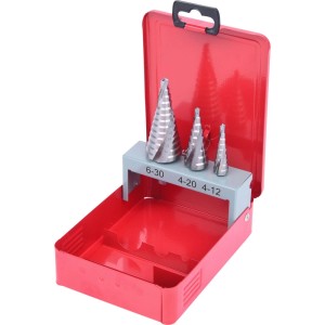 KS TOOLS HSS Stufenbohrer Satz 3-teilig in roter Stahlblechkassette mit Größen 6-30, 4-20, 4-12.