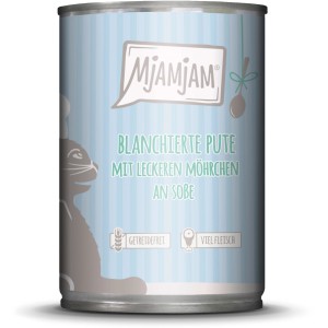 Mjamjam Katzen-Nassfutter mit Pute und Möhrchen in Dose, getreidefrei und mit hohem Fleischanteil.