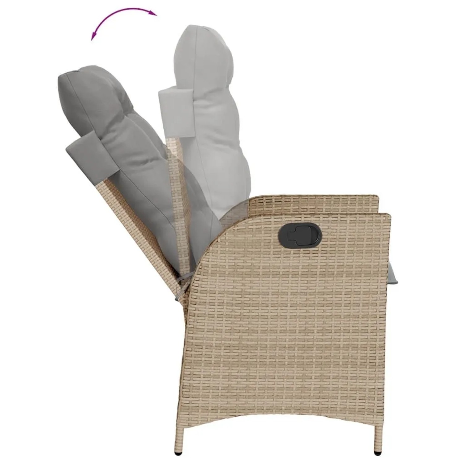 Beiger Poly Rattan Gartensessel mit grauen Kissen. Verstellbare Rückenlehne des Gartenstuhls mit seitlichem Griff.