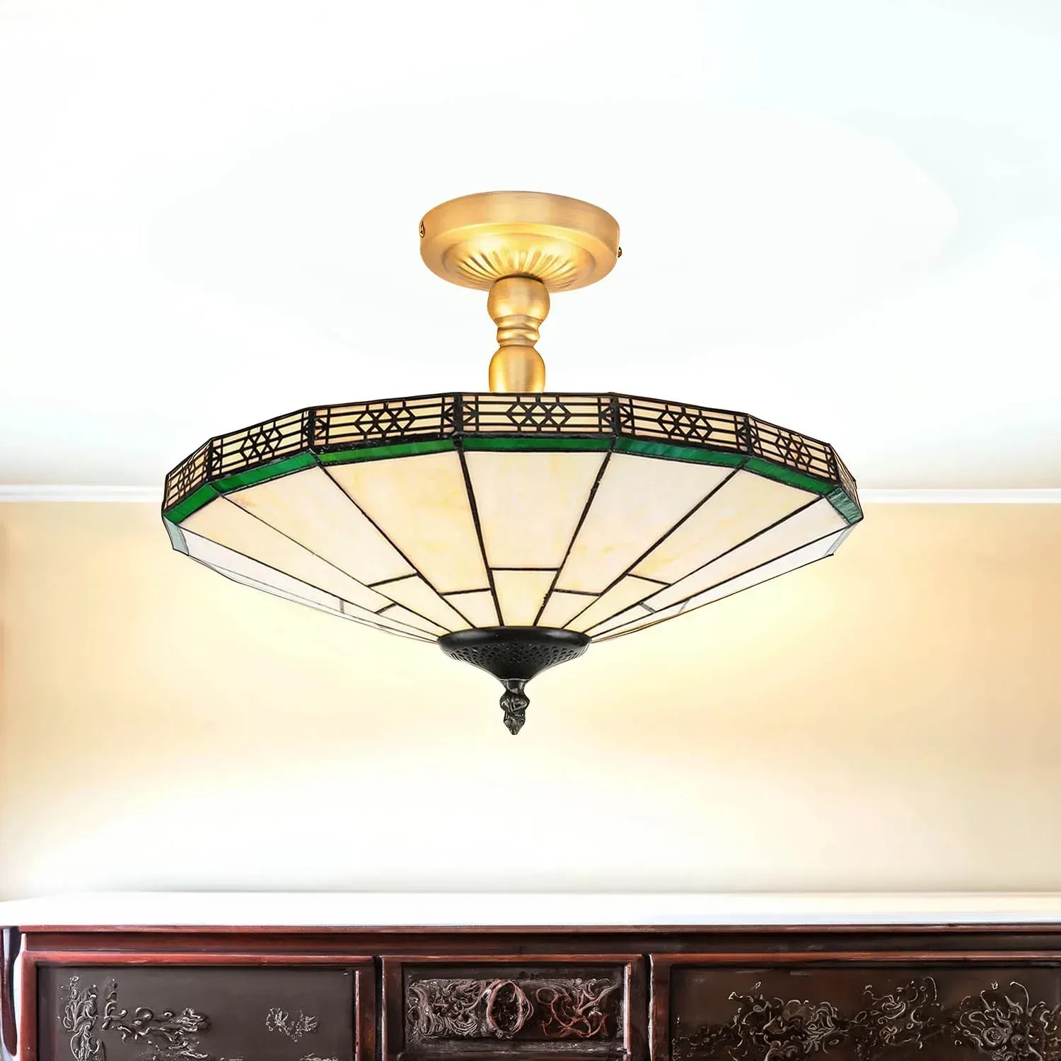 Tiffany Deckenleuchte im Jugendstil mit Buntglas in Weiß und Grün, 2x E14 Fassung.