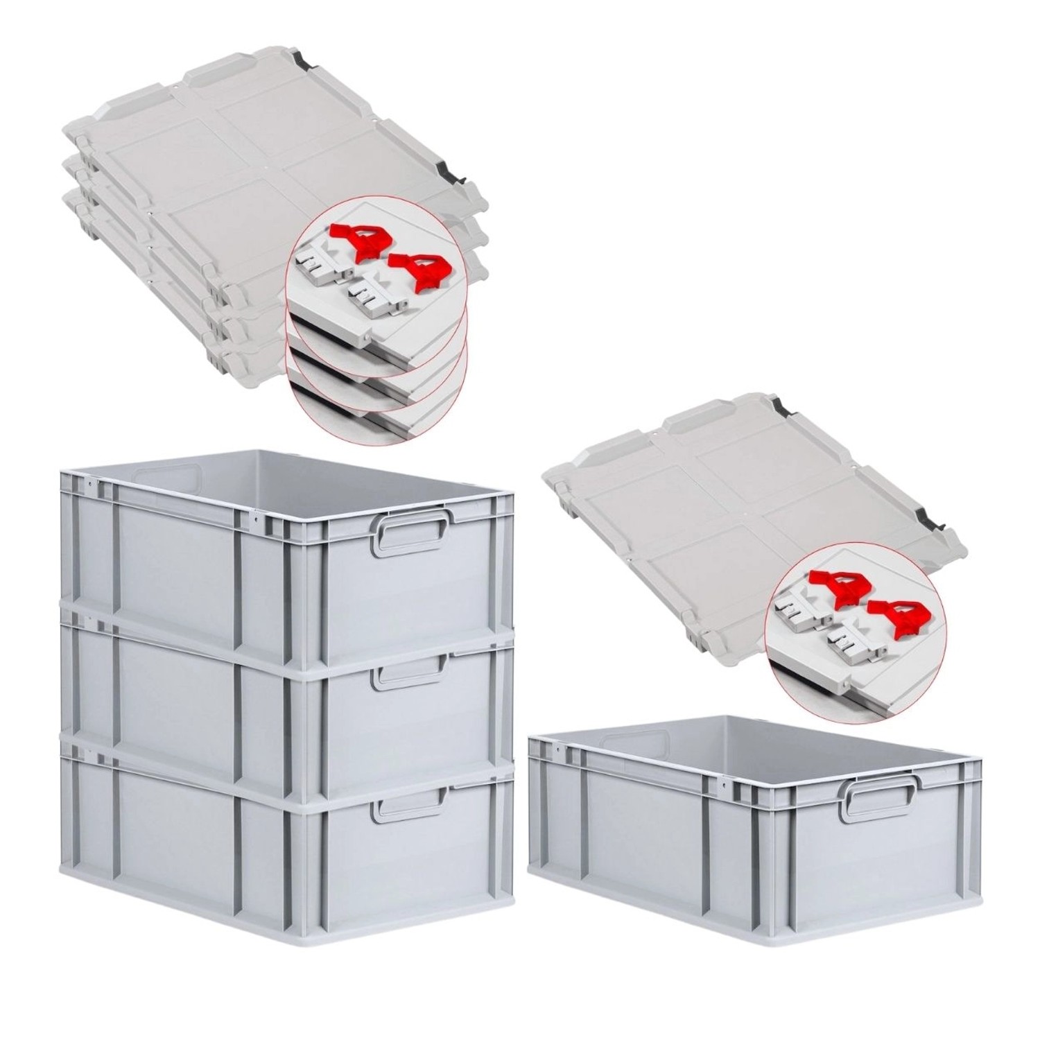 PROREGAL SuperSparSet 4x Eurobox NextGen Grip mit Scharnierdeckel und Roten Schiebeschnappverschlüssen HxBxT 22 x 40 x 6...