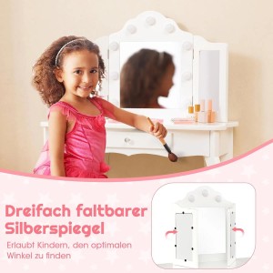 Costway 2 In 1 Kinder Schminktisch mit Led & Klappbarem Spiegel Weiß