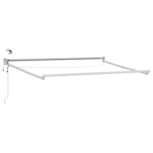 Elektrische Markise, weißer Aluminiumrahmen, eingefahren. Mit Wettersensor und LED-Beleuchtung für Sonnenschutz.